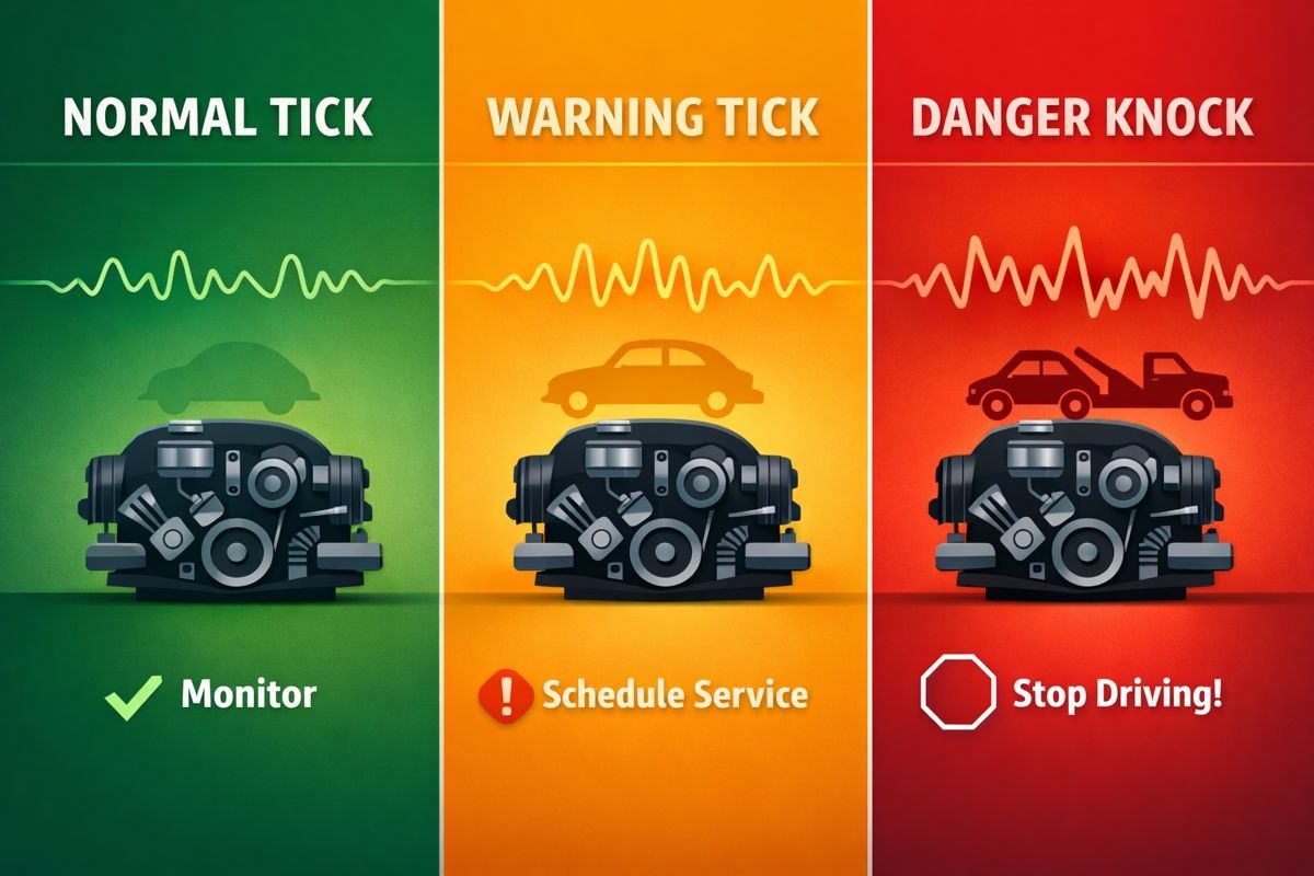 Three-panel guide to normal tick, warning tick, and danger knock in air-cooled engines.