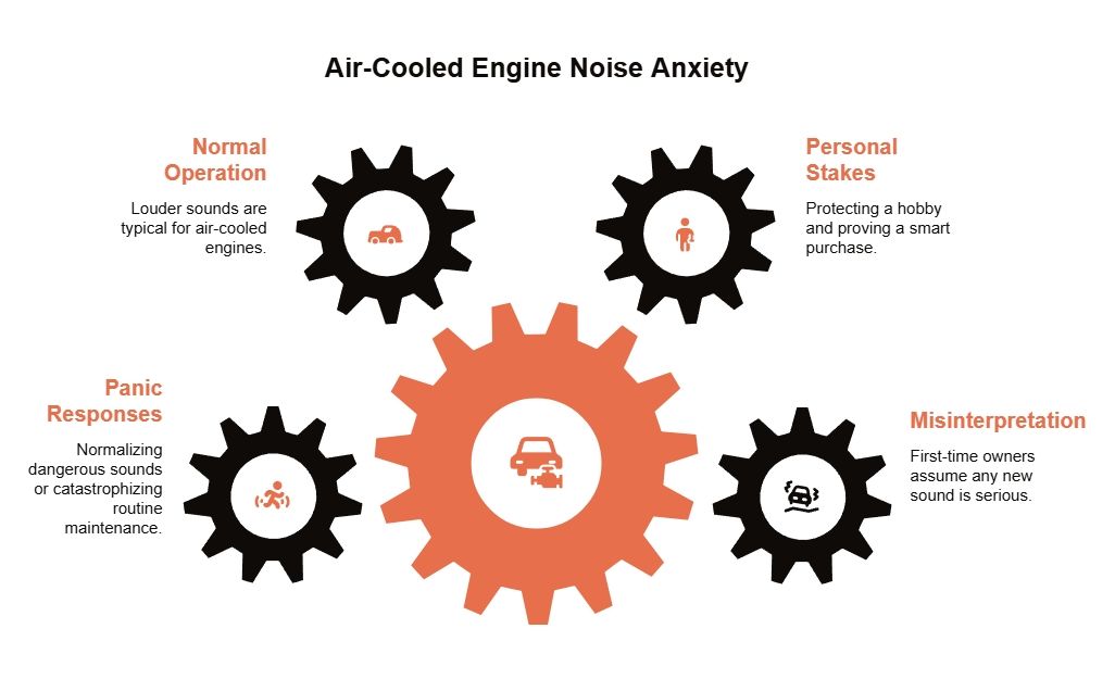 Infographic titled “Air-Cooled Engine Noise Anxiety” showing five interlocking gears for normal operation, personal stakes, panic responses, and misinterpretation.
