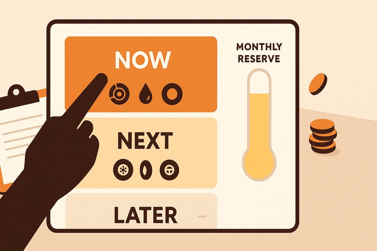 Stylized dashboard showing NOW / NEXT / LATER cards, a tapping hand, and a monthly reserve gauge.