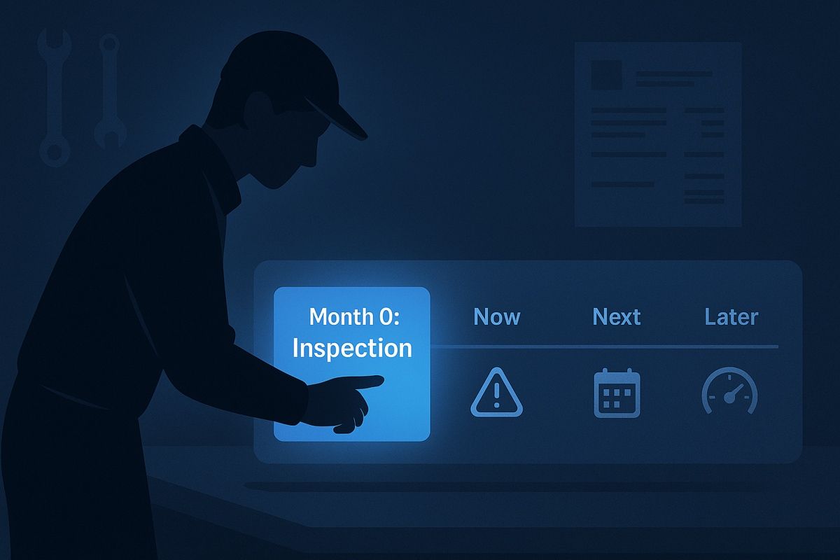 Stylized illustration of a technician highlighting a glowing post-warranty inspection tile