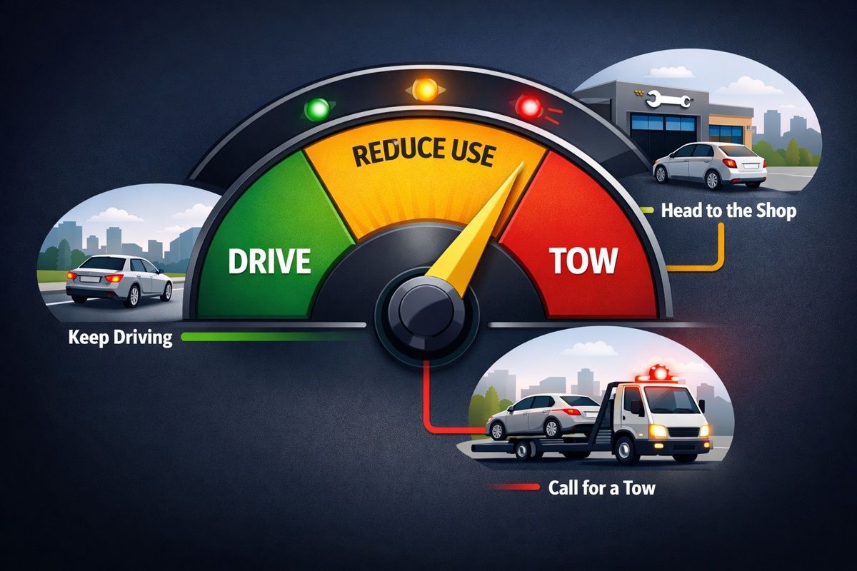 Stylized dashboard dial: DRIVE (green), REDUCE USE (amber), TOW (red); needle at REDUCE USE.