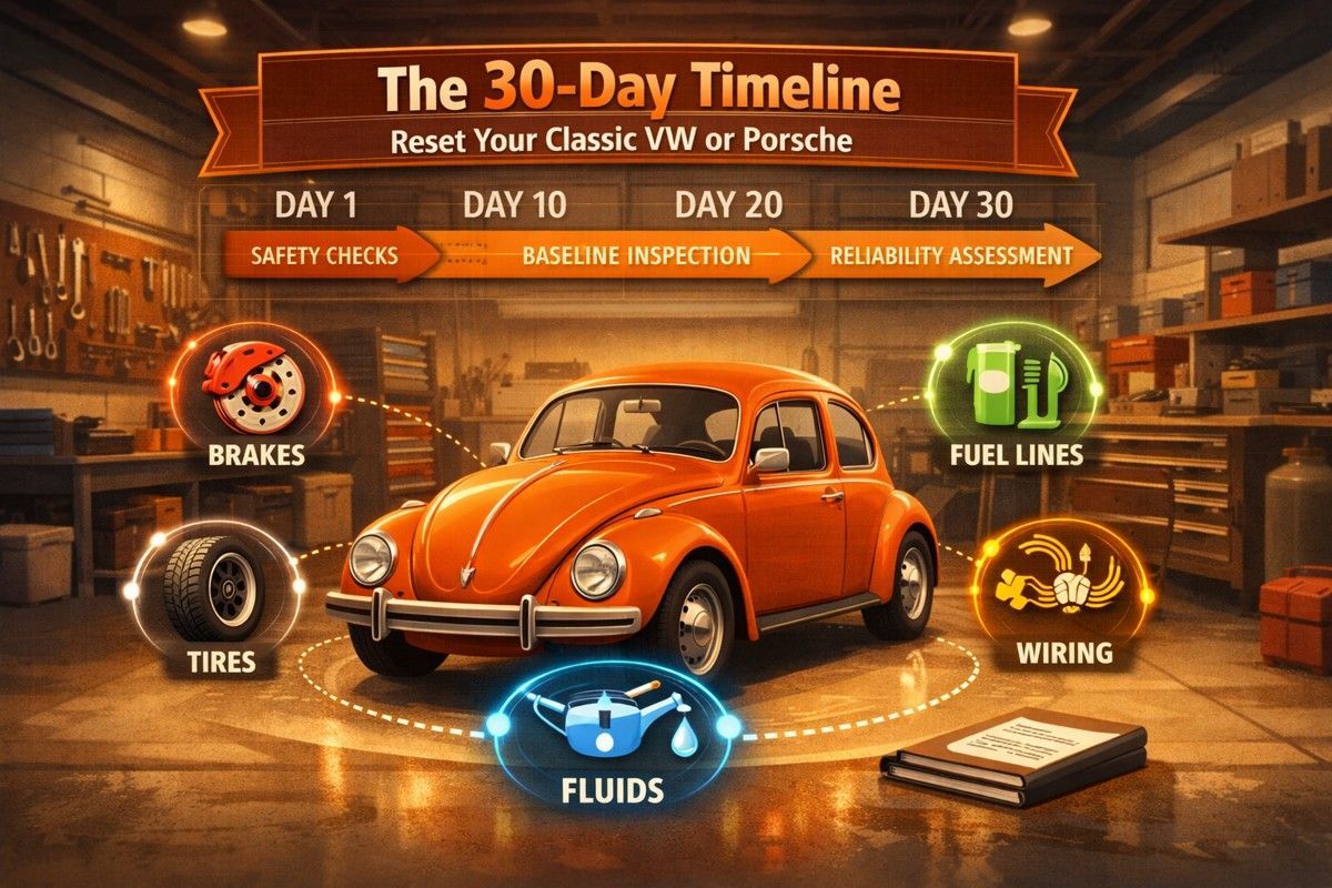 Stylized garage scene showing a classic VW or Porsche with icons and a 30-day maintenance plan.