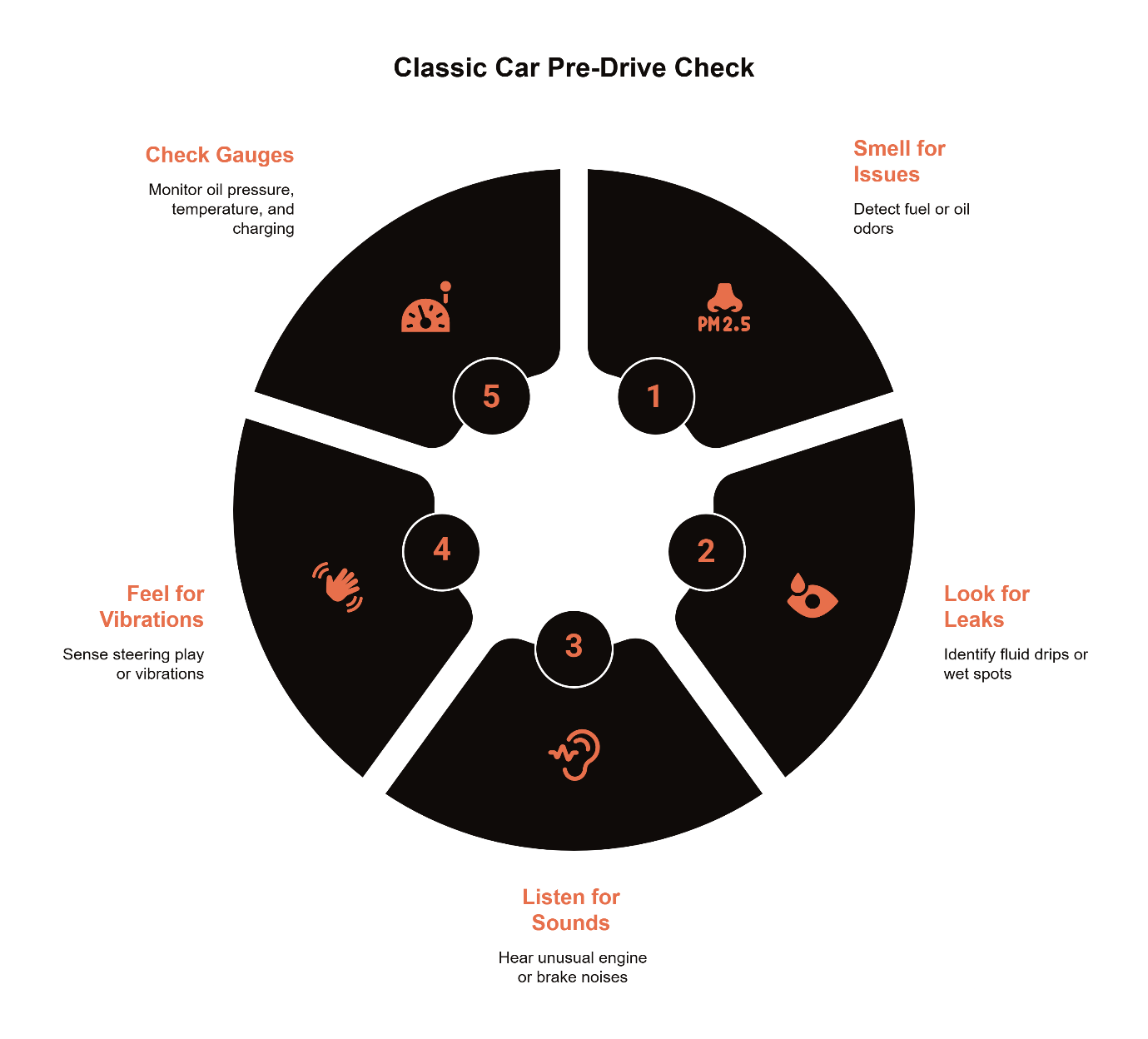 Classic car pre-drive check diagram with five sensory steps: smell for fuel or oil issues, look for leaks, listen for unusual engine sounds, feel for steering vibrations, and check gauges.
