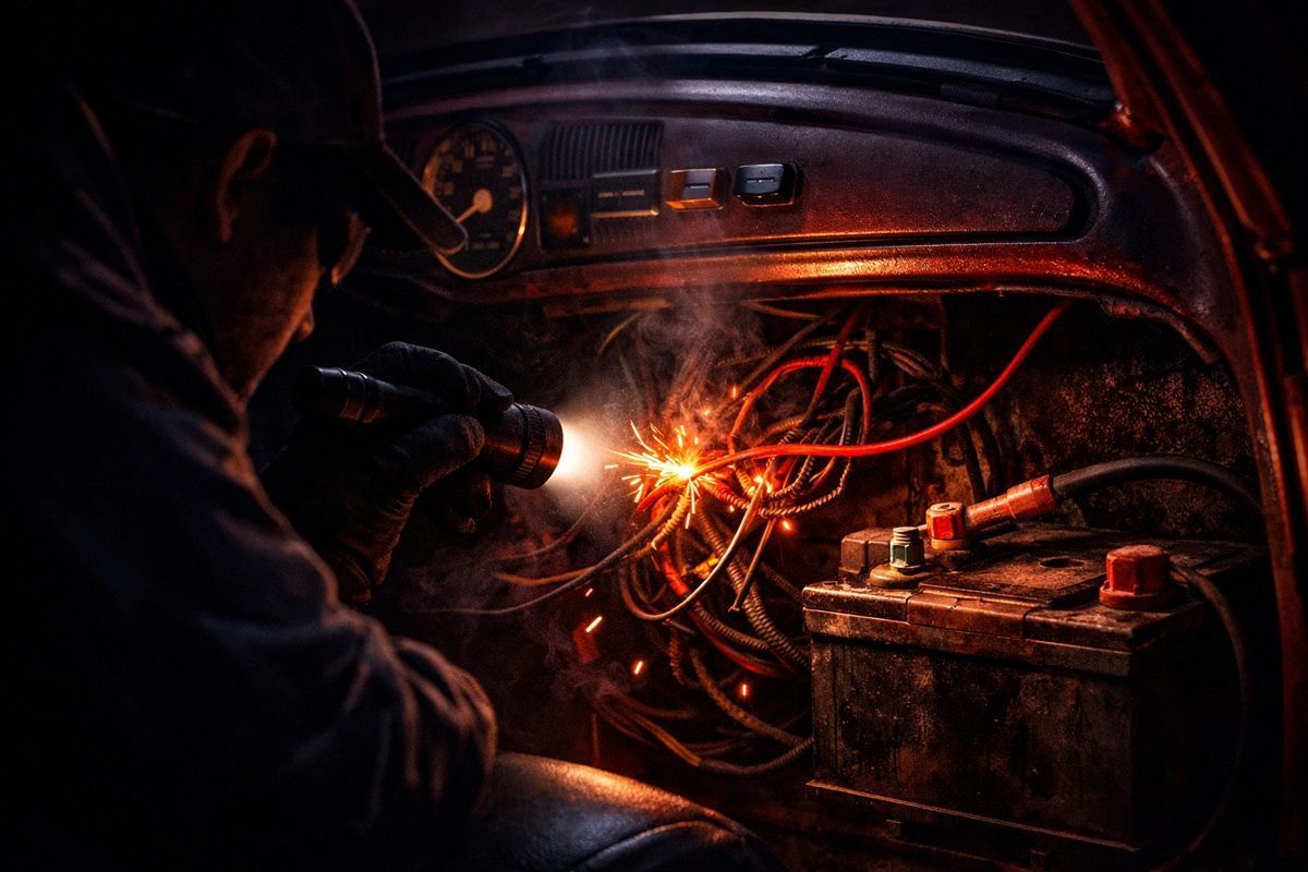 Technician inspects sparking, unfused aftermarket wires in classic VW or Porsche dashboard.