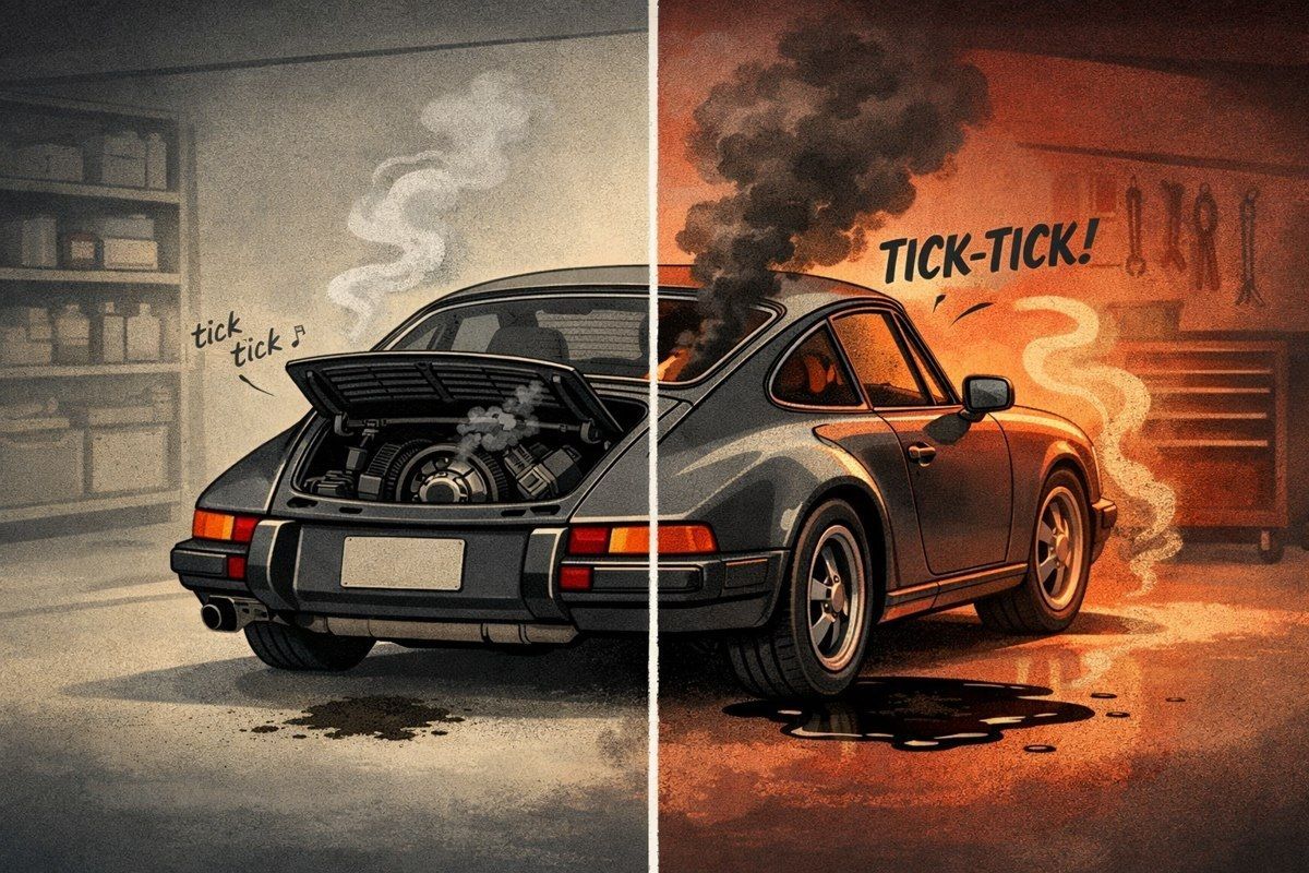 Split view of a classic Porsche showing stable quirks versus new warning signs at idle.