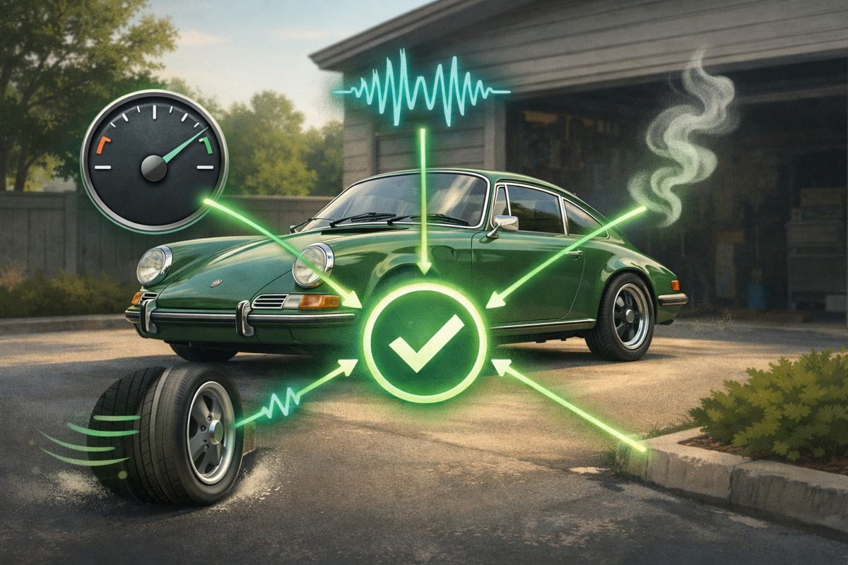 Stylized classic Porsche with gauge, sound, smell, and road feel cues for diagnosis.