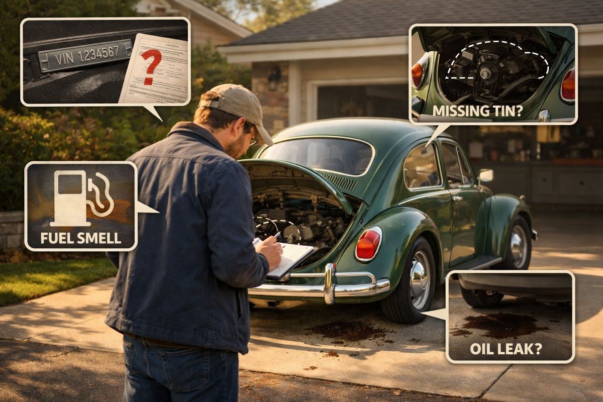 Classic VW driveway inspection with VIN, fuel smell, missing tin, and oil leak cues.