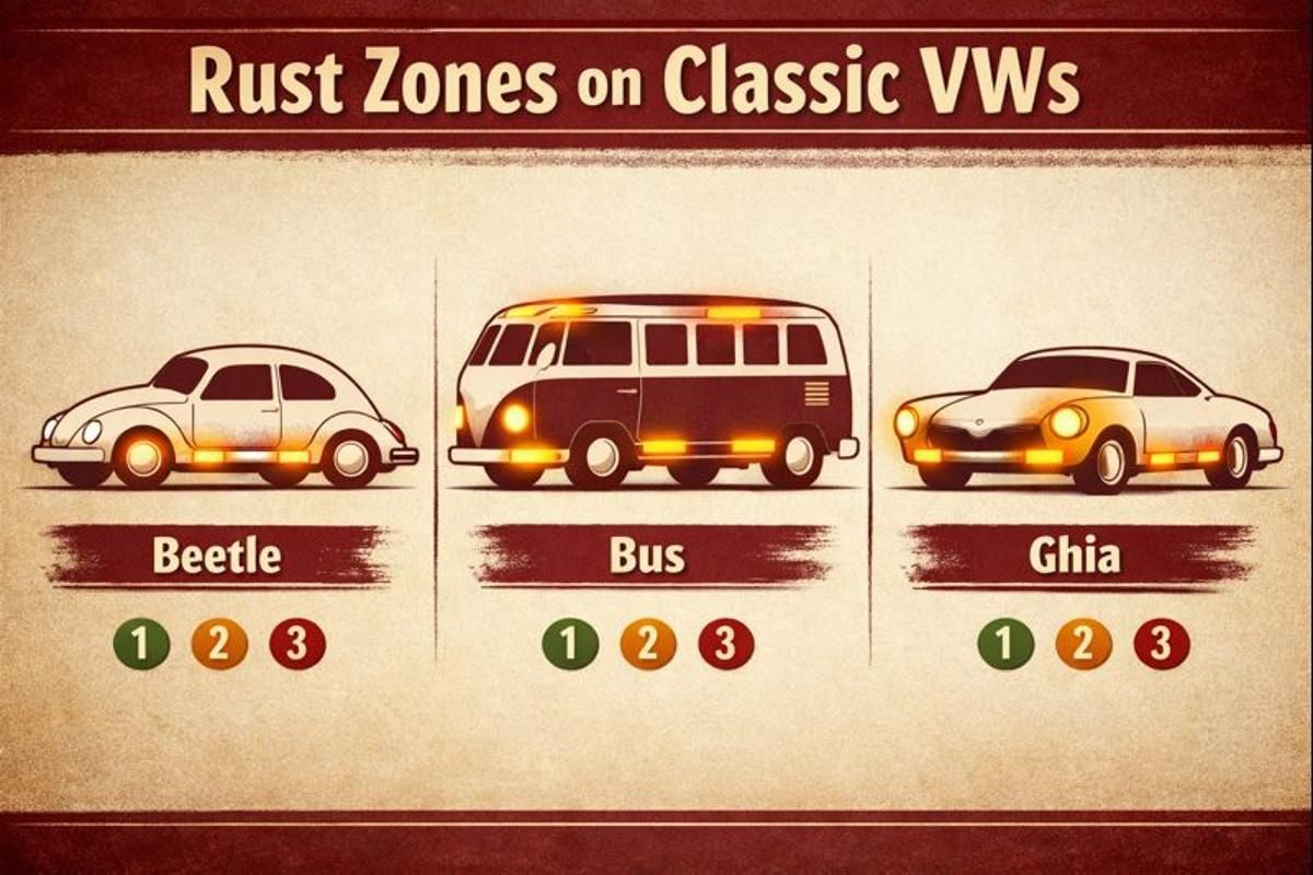 Illustration of Beetle, Bus, and Ghia silhouettes with highlighted classic VW rust zones and a 1–3 rust severity scale.