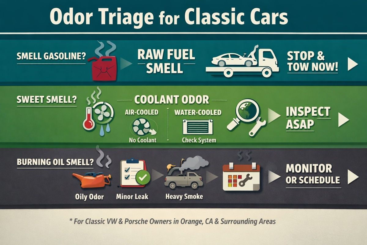 Smell triage infographic for classic VW and Porsche owners showing when to tow or inspect.