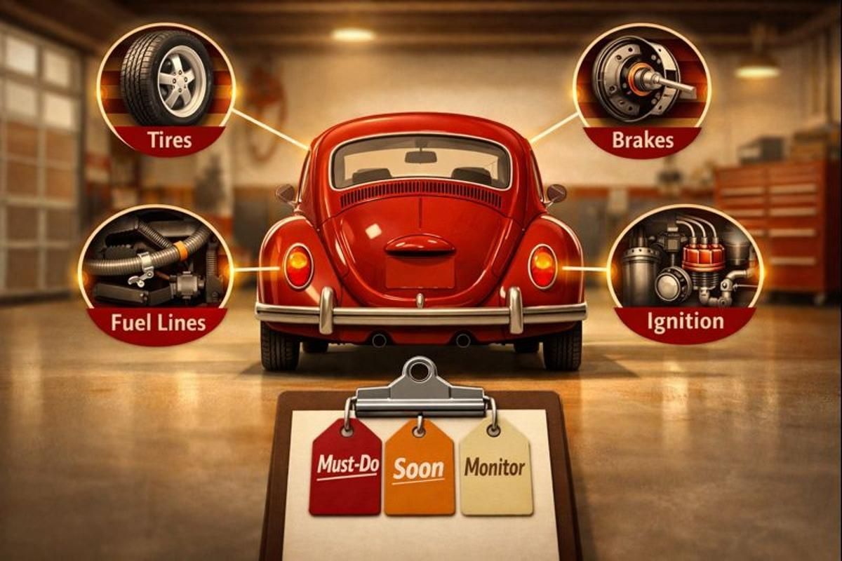 Illustration of a classic VW with callouts for tires, brakes, fuel lines, and ignition, plus Must-Do/Soon/Monitor tags.