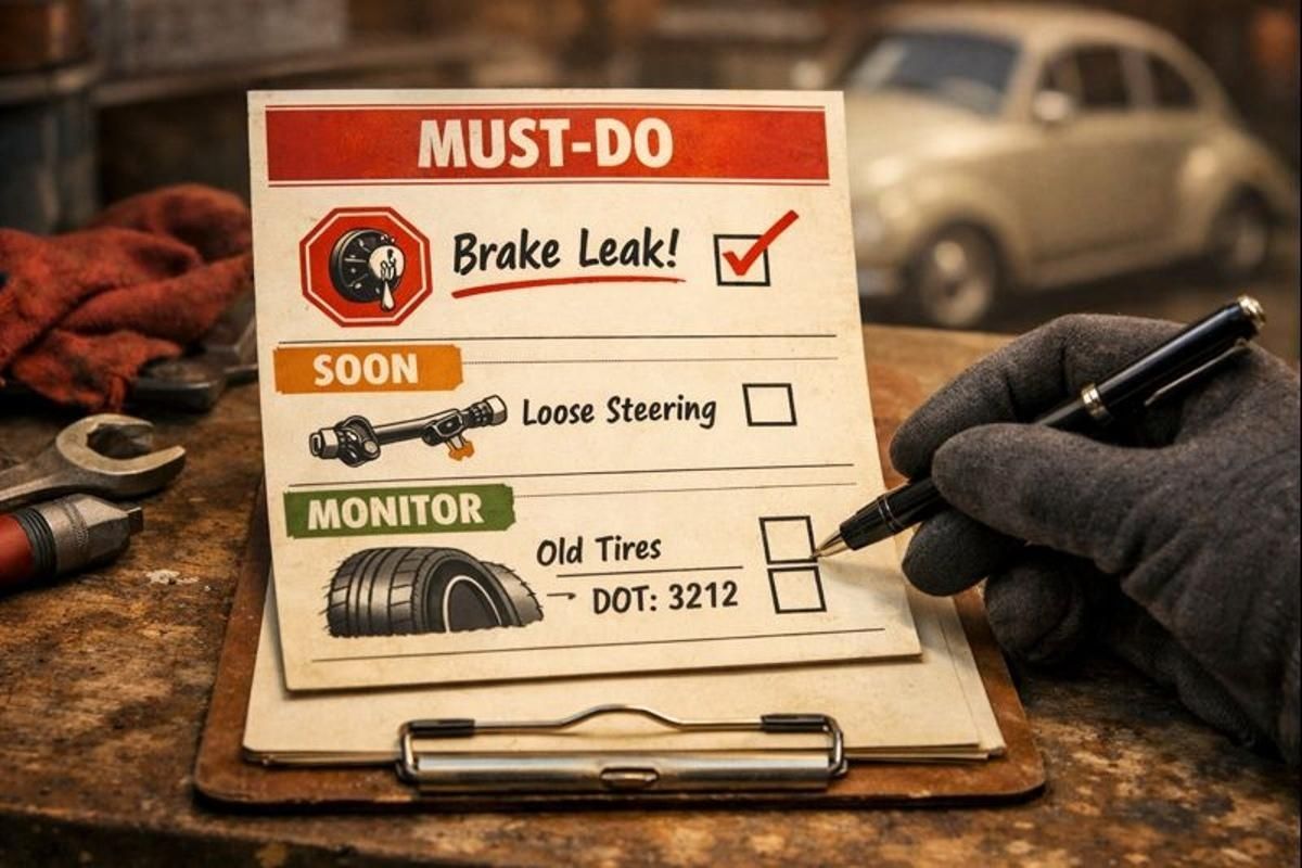 Close-up of a pre-purchase inspection card on a workbench showing a stamped “Must-Do” brake leak with steering and tire checks.