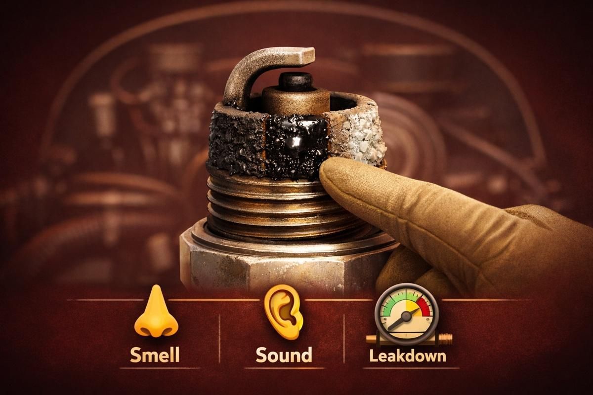 Close-up illustration of vintage spark plug showing dry soot, oil, and ash with icons.