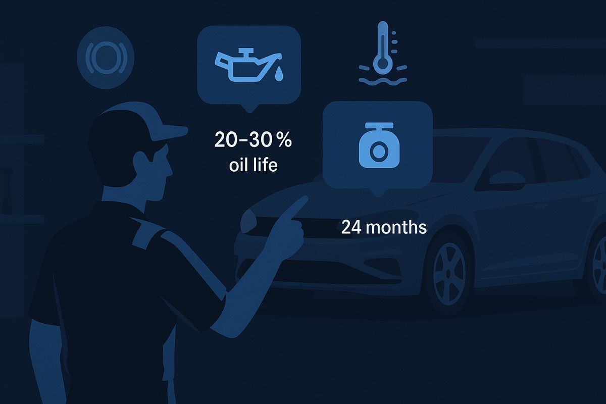 Technician points to floating maintenance icons labeled “20–30% oil life” and “24 months.