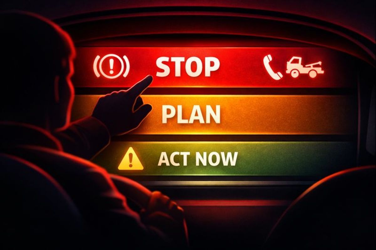 Driver silhouette points at red STOP, amber PLAN, and green ACT NOW dashboard bands.