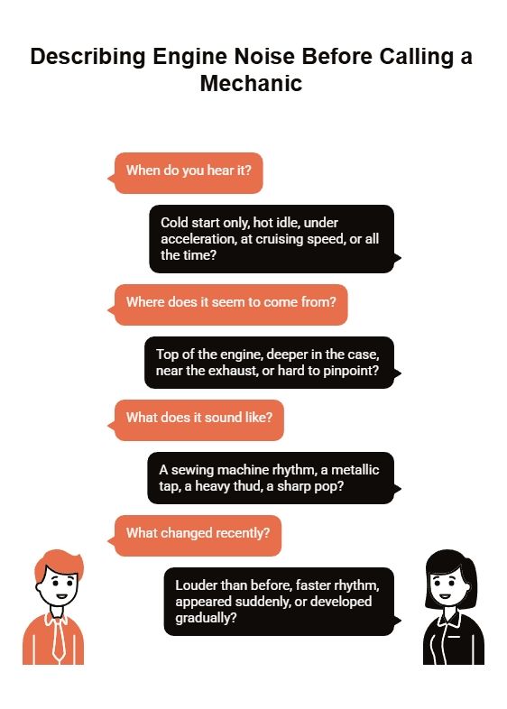 Infographic titled “Describing Engine Noise Before Calling a Mechanic” with four callout prompts about when the noise happens, where it comes from, what it sounds like, and what changed.
