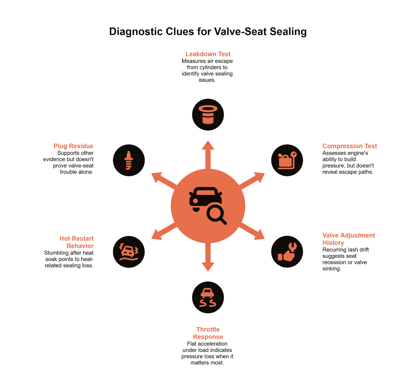 Infographic showing diagnostic clues for valve-seat sealing problems in vintage VW engines, including leakdown testing, compression testing, spark plug residue, valve adjustment history, throttle response, and hot restart behavior.