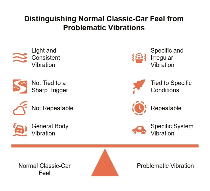 Infographic comparing normal classic-car feel with problematic vibration signs, contrasting light, general, inconsistent movement against specific, repeatable vibrations tied to conditions.