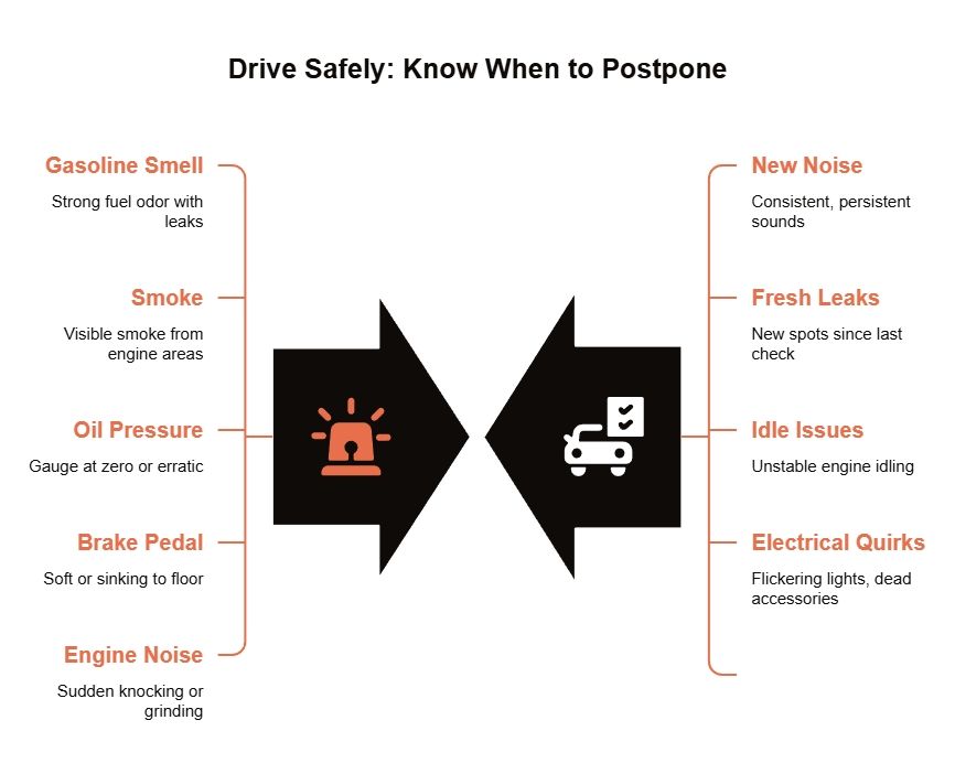 Infographic titled “Drive Safely: Know When to Postpone” listing warning signs like gasoline smell, smoke, oil pressure issues, brake pedal problems, new noises, leaks, idle issues, and electrical quirks.
