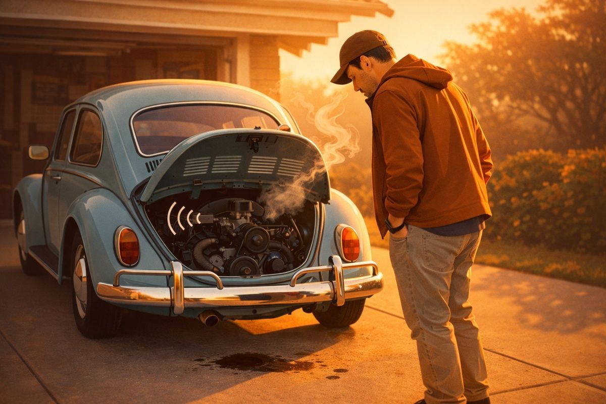 Anonymous owner checks a classic VW Beetle at dawn for sound smell and fresh leaks.