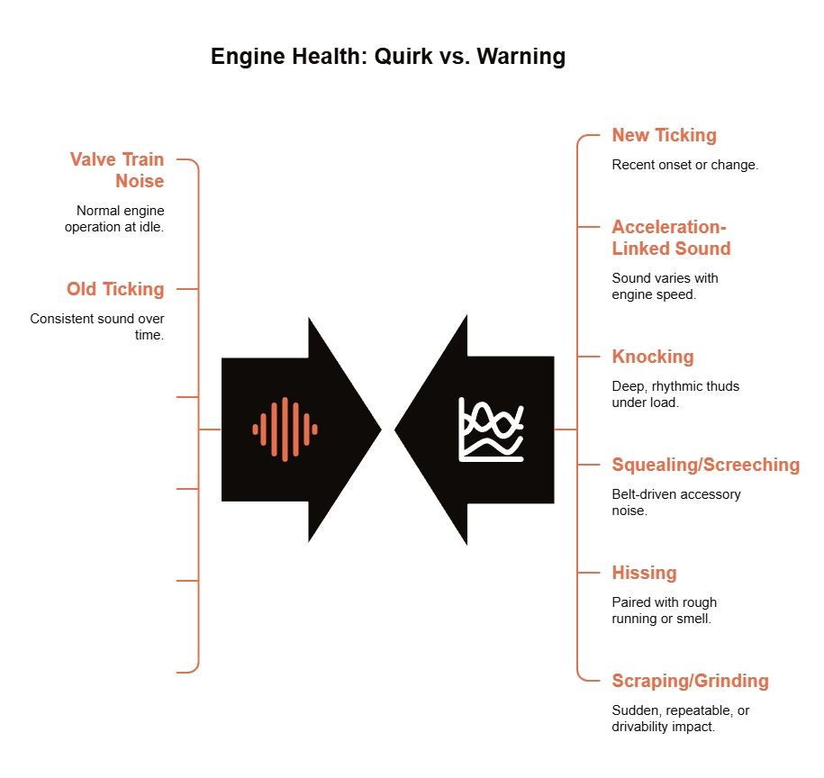 Infographic contrasting normal engine quirks with warning sounds, from steady valve-train ticking to new ticking, knocking, hissing, squealing, and scraping noises.