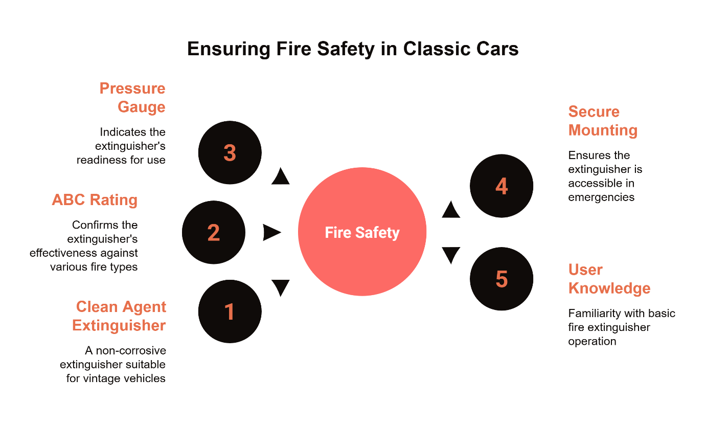 Fire safety guide for classic cars — five-point diagram covering clean agent extinguisher, ABC rating, pressure gauge, secure mounting, and user knowledge for vintage vehicle owners.