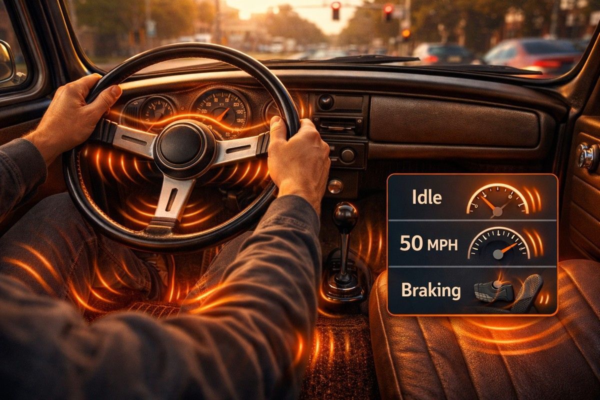 Driver’s view in a vintage car showing vibration cues at idle, 50 mph, and during braking.