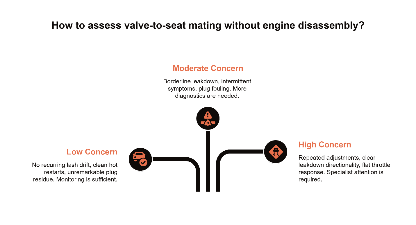 Infographic explaining how to assess valve-to-seat mating in a vintage VW engine without disassembly, showing low, moderate, and high concern indicators based on leakdown results, valve adjustments, plug fouling, and throttle response.