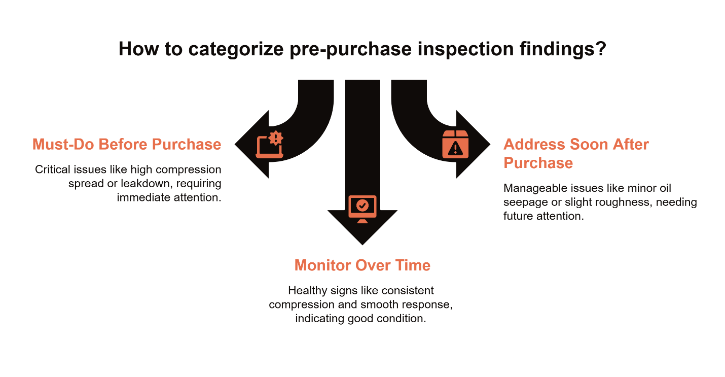 Infographic explaining how to categorize classic car pre-purchase inspection findings into three groups: must-do before purchase, address soon after purchase, and monitor over time based on engine compression and condition.