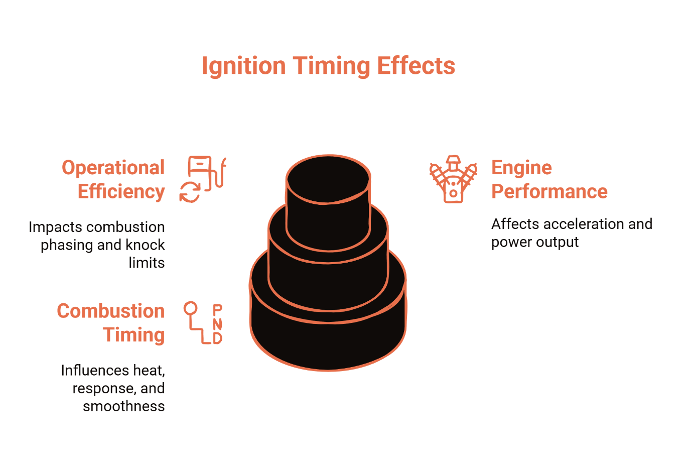 Ignition timing effects diagram showing three key impacts: operational efficiency affecting combustion and knock limits, combustion timing influencing heat and smoothness, and engine performance affecting acceleration and power output.