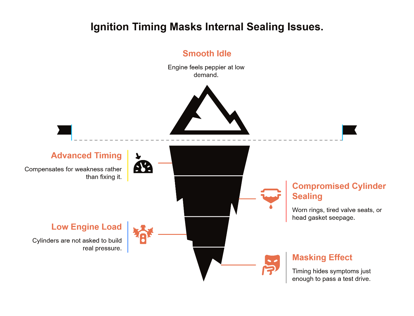 Infographic showing how advanced ignition timing can mask internal sealing issues in a vintage VW engine, illustrating smooth idle at low load while worn rings, valve seats, or head gasket leaks remain hidden.