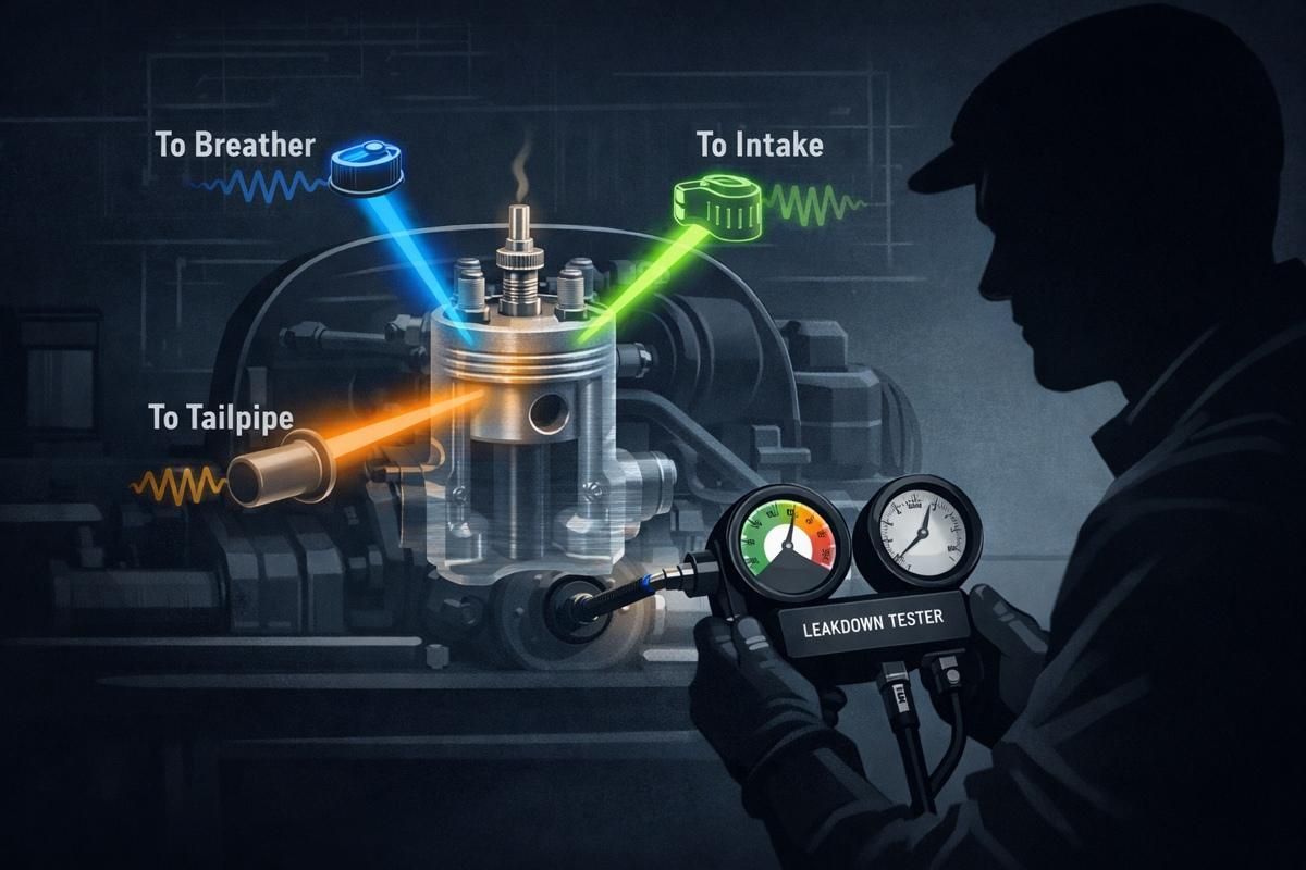 Stylized illustration of a mechanic holding a leakdown tester; colored rays show leaks.