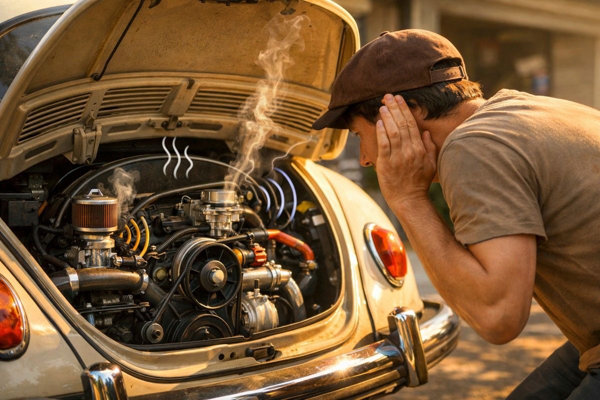Owner leans over classic VW engine, listening with sound and vibration cues highlighted around it.