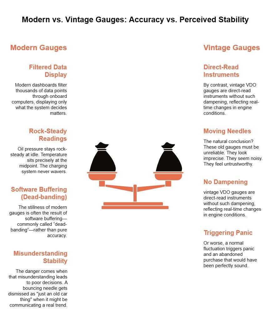 Infographic comparing modern and vintage gauges, showing filtered digital stability versus direct-read vintage needles that move more, often causing owners to misread normal changes.