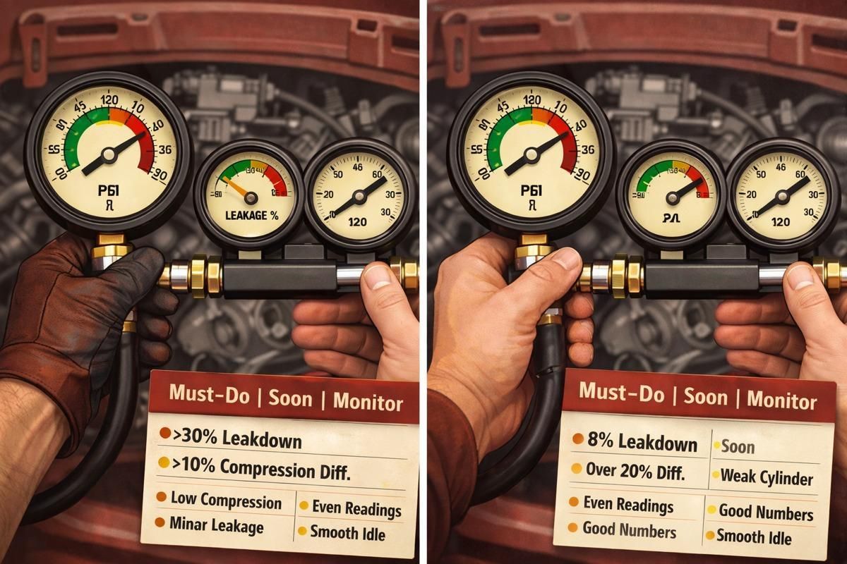 Split illustration of compression and leakdown gauges showing bad vs good readings.