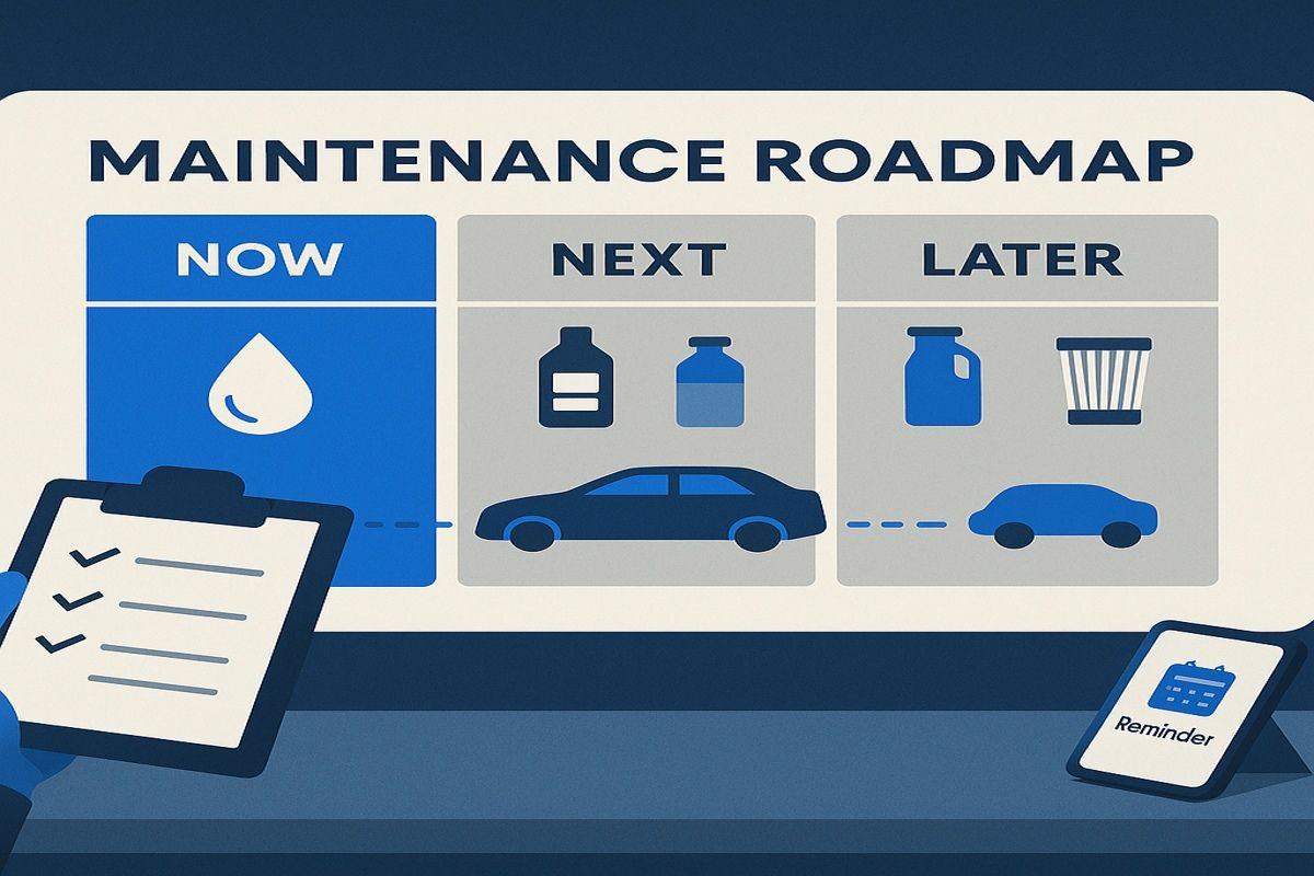 Stylized maintenance roadmap calendar with NOW / NEXT / LATER columns showing oil, brake fluid, coolant icons and a car moving across a progress line