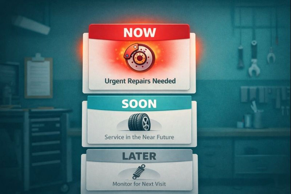 Stylized dashboard showing stacked NOW, SOON, LATER cards; glowing NOW brake icon signals urgency.