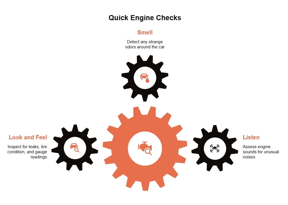 Infographic titled “Quick Engine Checks” showing three gear icons for smell, look and feel, and listening, encouraging drivers to inspect odors, leaks, tire condition, gauges, and engine noise.