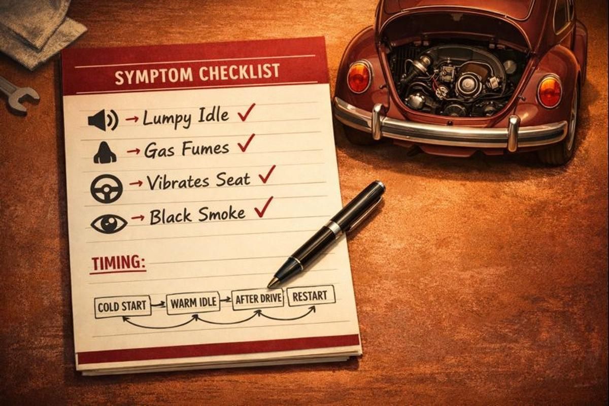 Illustration of a symptom checklist and timeline beside an air-cooled VW Beetle with engine bay open.