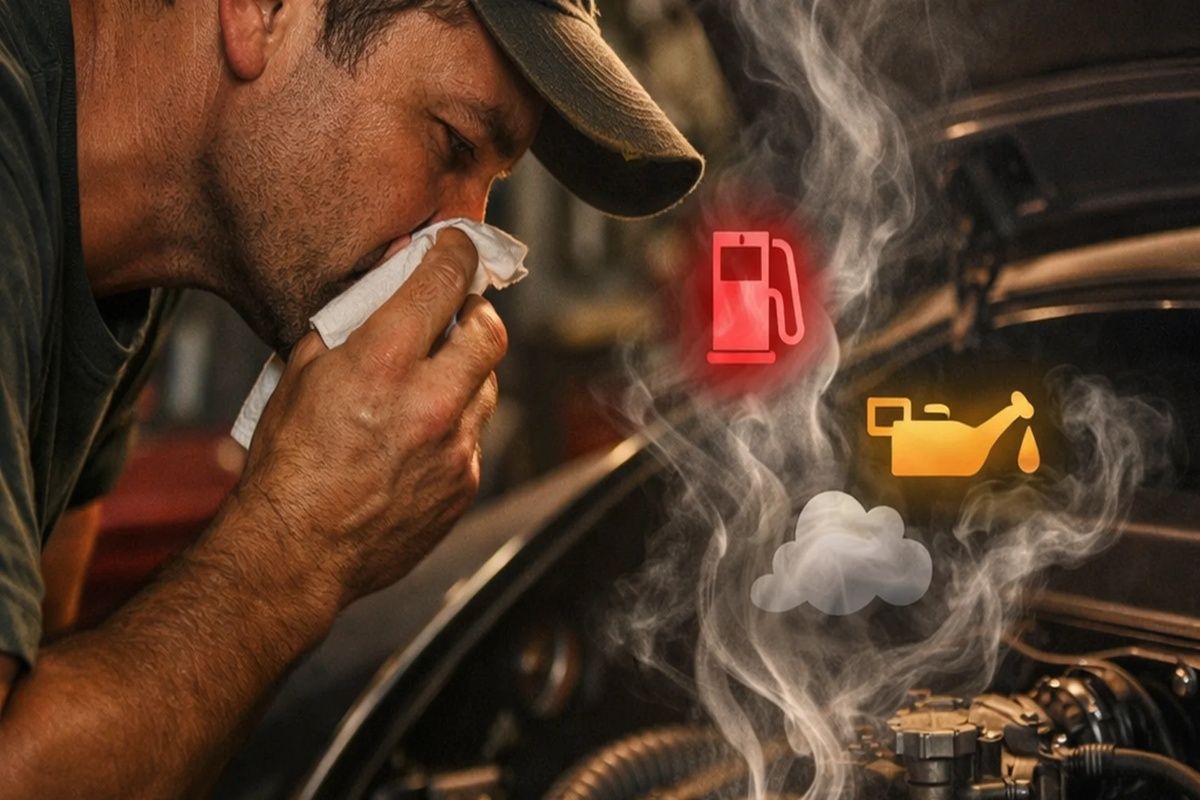 Classic car owner detecting fuel and oil smells as an early warning in a garage.