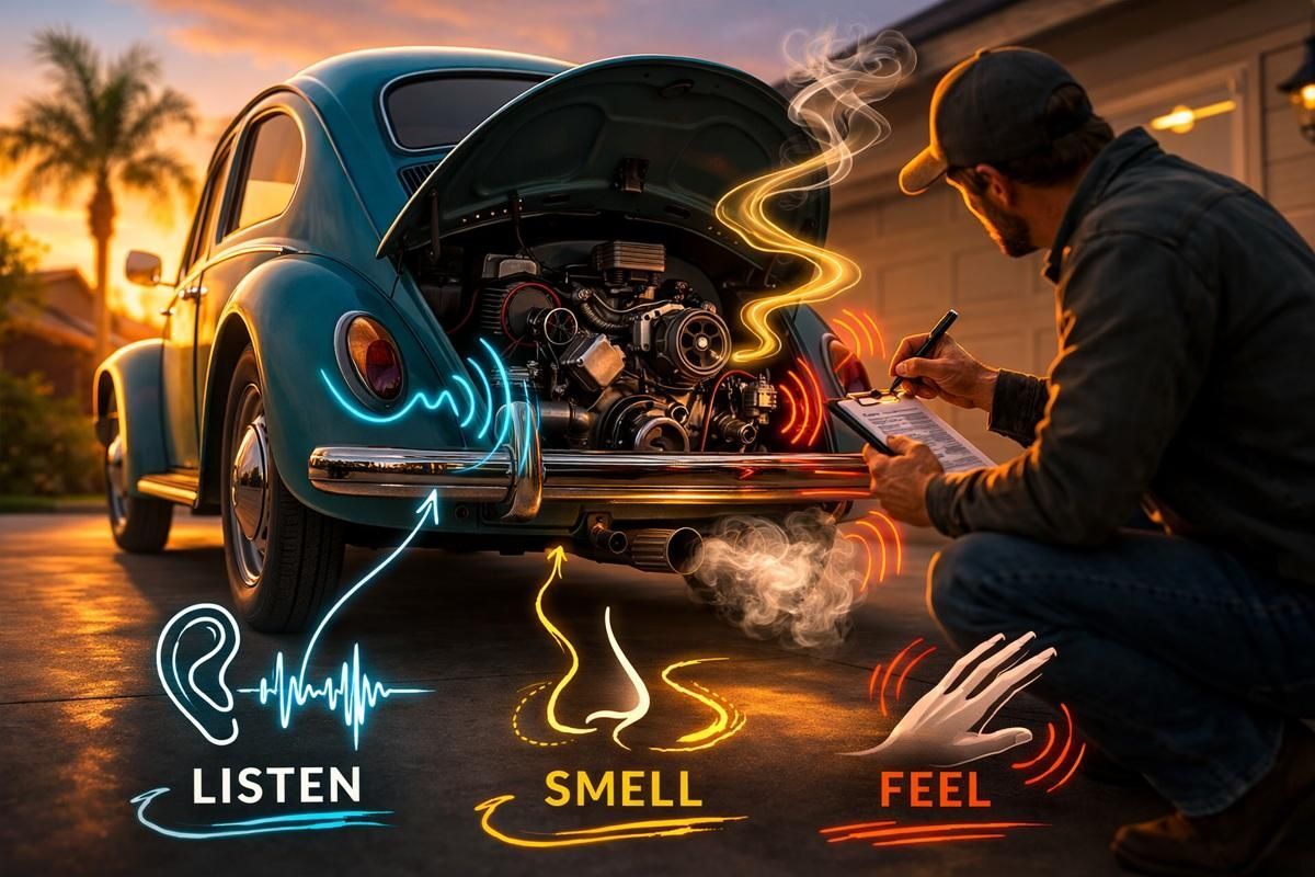 Buyer inspecting a classic VW engine in a driveway with icons for listen, smell, feel.