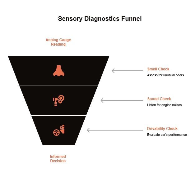 Infographic titled “Sensory Diagnostics Funnel” showing a narrowing decision path from analog gauge reading through smell, sound, and drivability checks to reach an informed diagnosis.