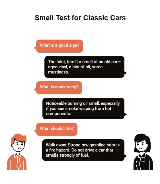 Infographic titled “Smell Test for Classic Cars” explaining which odors are normal, which are concerning, and when a strong gasoline smell means you should not drive.