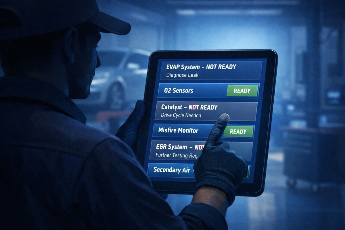 Technician viewing a tablet listing OBD readiness monitors — some marked “READY,” others “NOT READY,” in a repair shop.