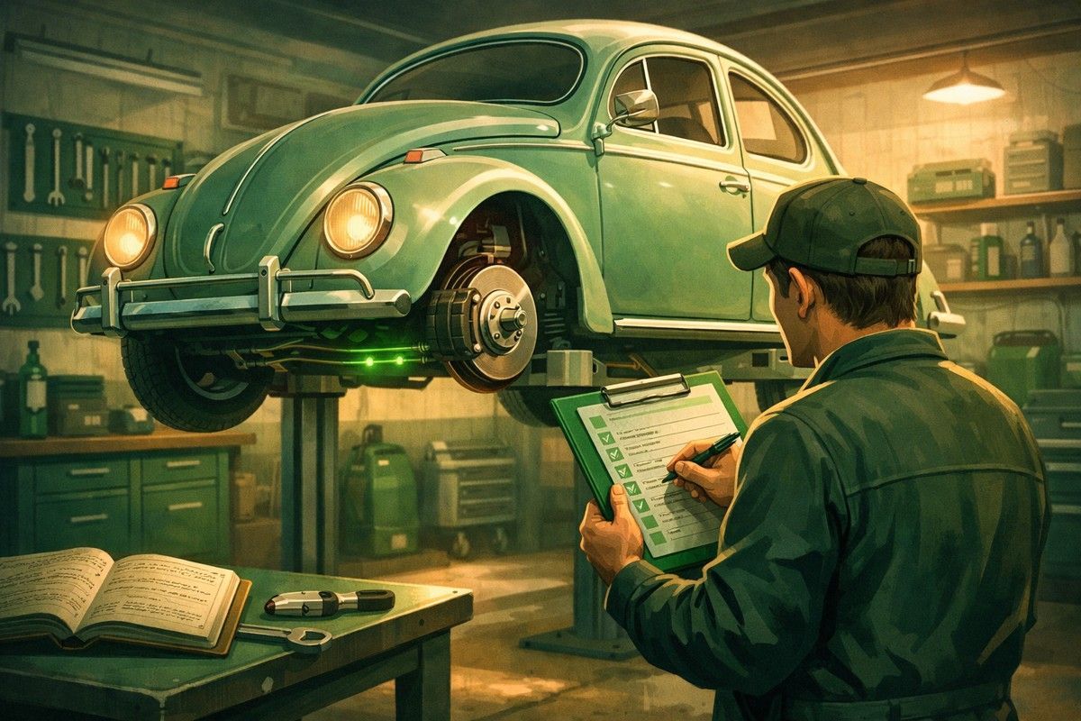 Stylized garage scene showing a classic VW or Porsche inspected with checklist and highlighted parts.