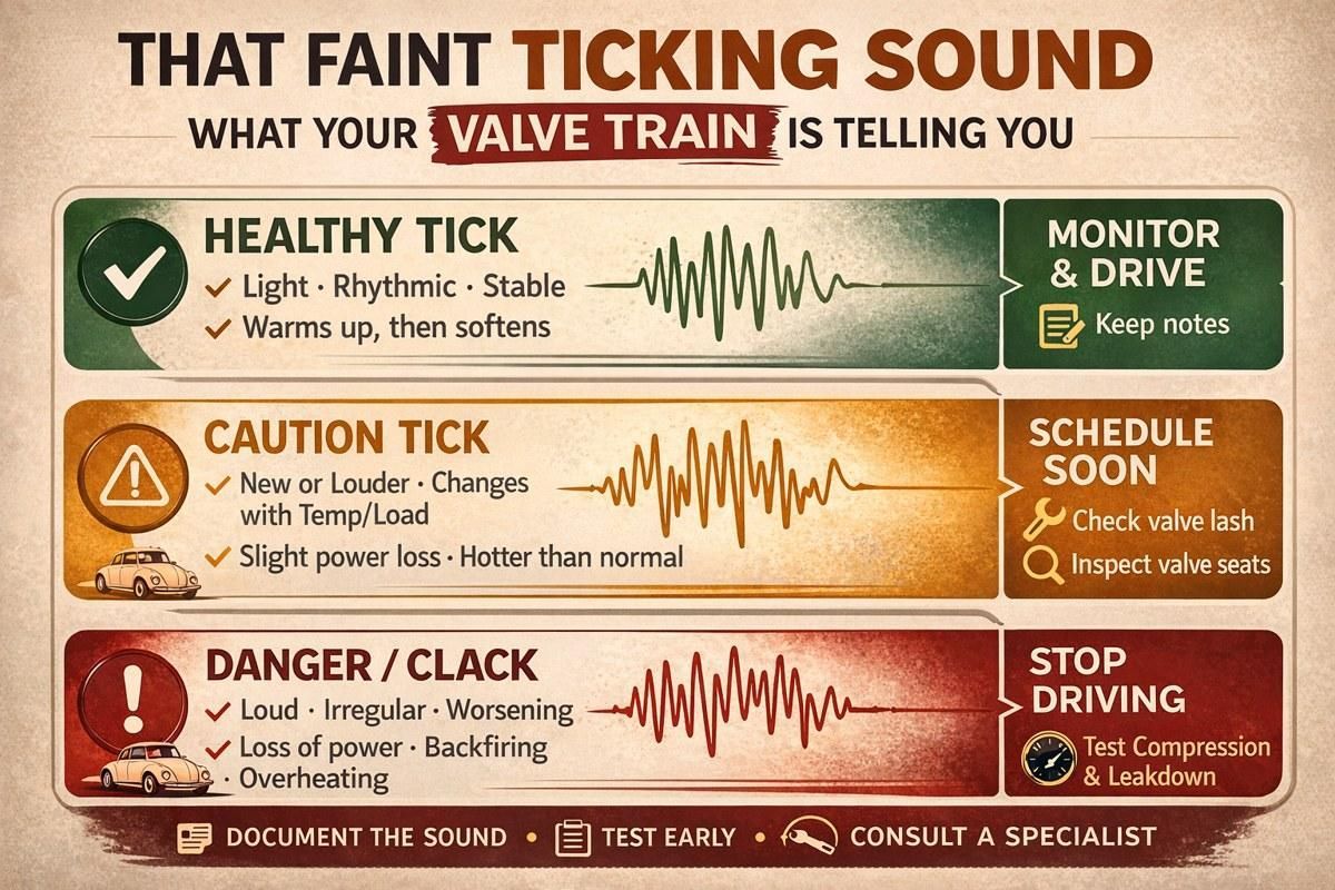 Infographic showing Healthy / Caution / Danger valve-train sounds and steps.