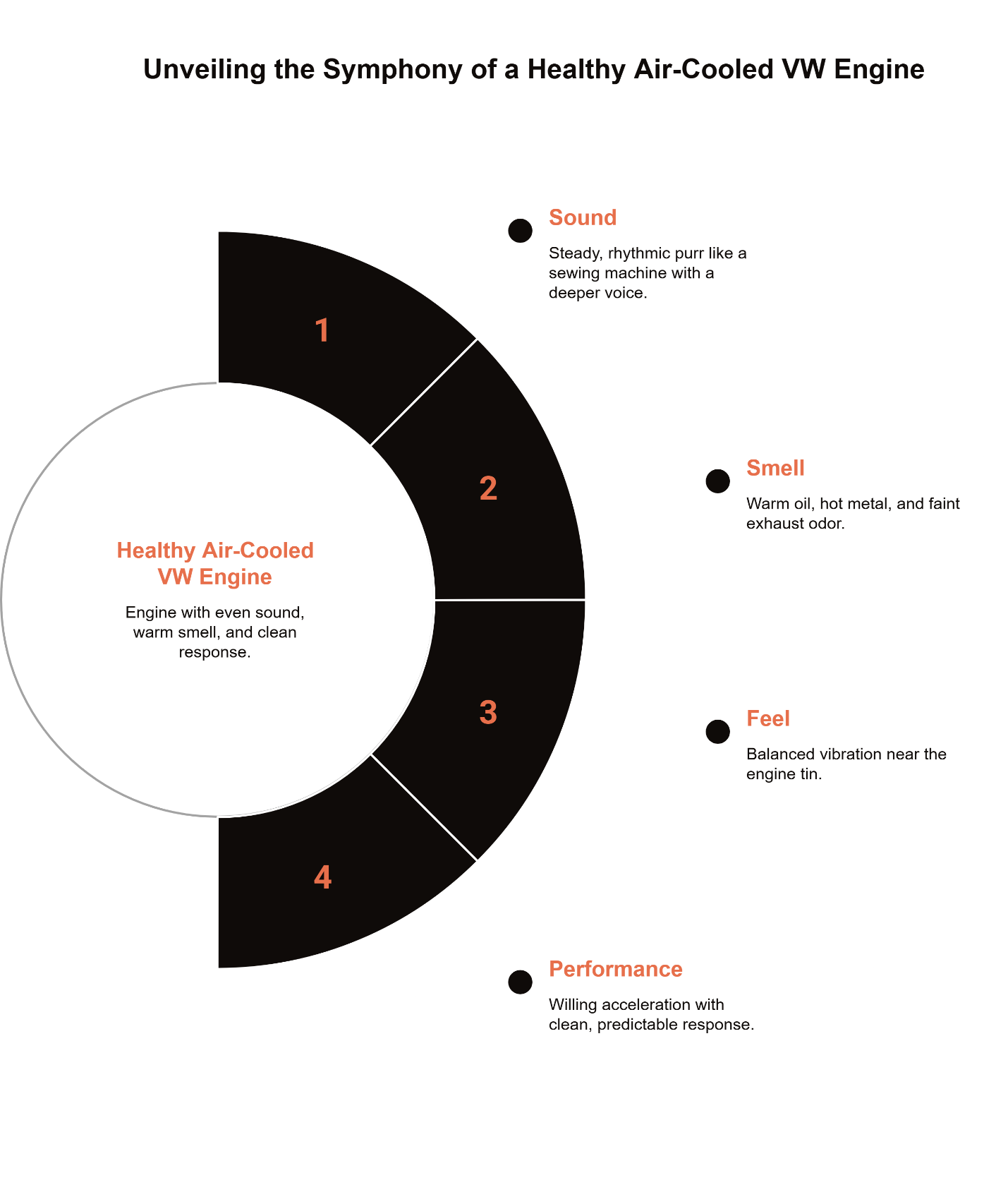 Infographic showing the four sensory signs of a healthy air-cooled VW engine—steady rhythmic sound, warm oil smell, balanced vibration feel, and smooth predictable performance.