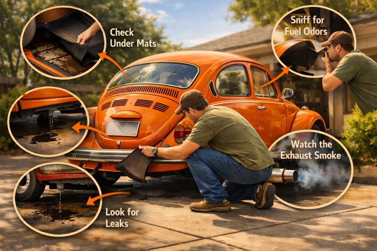 Stylized vintage VW inspection scene showing rust, leaks, smoke, and fuel check points.