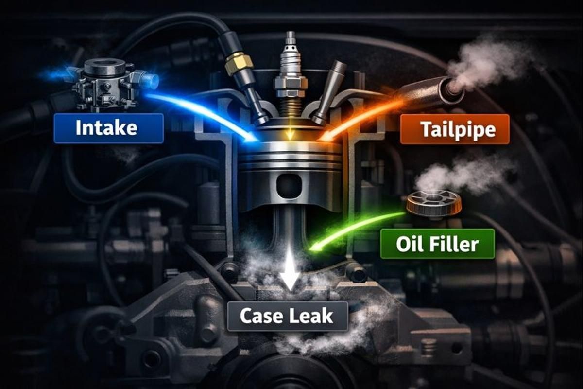 Cutaway VW engine cylinder showing leakdown test listening points at intake, tailpipe, oil filler, and case leak.