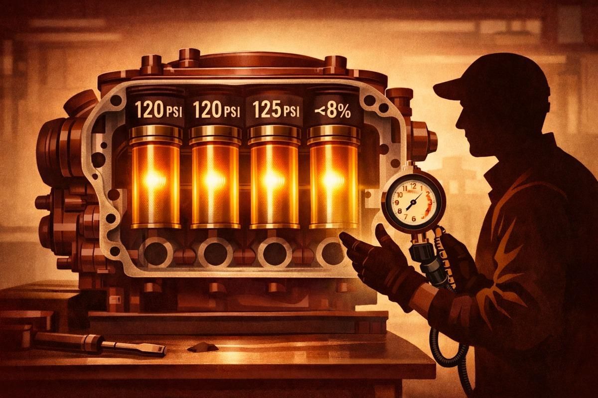 Stylized illustration of a mechanic checking four glowing VW cylinders with gauge.