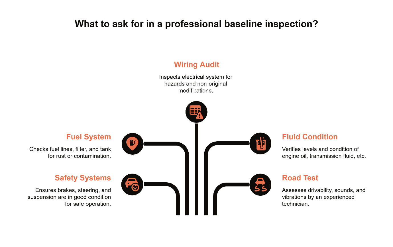 Professional baseline inspection checklist for classic cars — wiring audit, fuel system, fluid condition, safety systems, and road test explained for classic VW and Porsche owners.